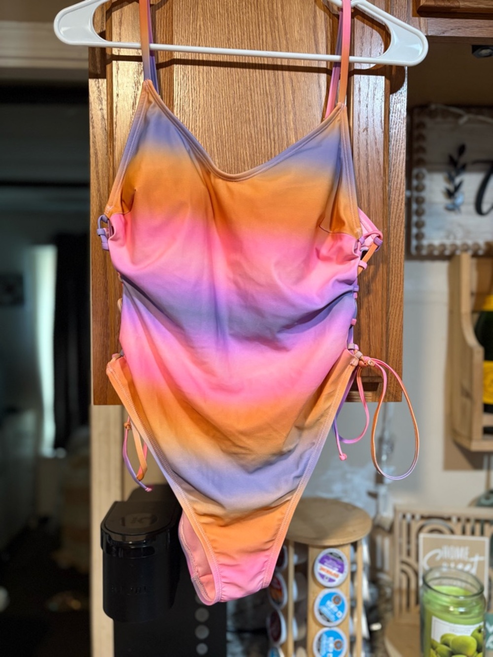 No Boundaries Ombre Tie-Side One-Piece Swimsuit - Pink, Orange, Purple